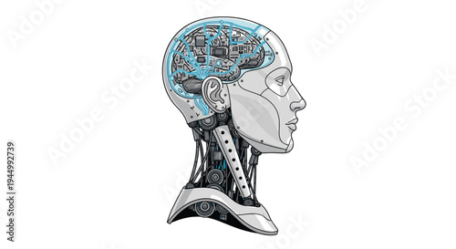 A detailed side profile of a robot's head and upper neck, rendered in metallic silver-gray, reveals intricate internal circuitry and a glowing blue brain.
