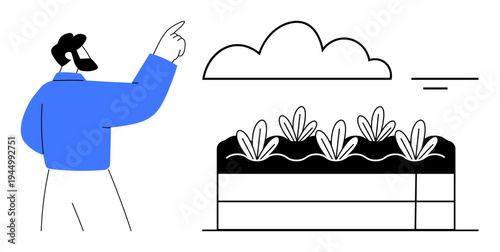 Gardening concept. Gardening activities ed with plants growing in a raised bed and a person observing. Gardening promotes sustainability, healthy lifestyles, and outdoor activities. For agriculture