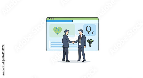 Two businessmen in dark suits are shaking hands in front of a large web browser interface displaying medical icons like a heartbeat graph and a stethoscope.