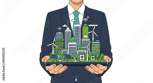A businessman in a dark suit holds a miniature green city model detailed with solar panels, wind turbines, and green buildings on his open palms.