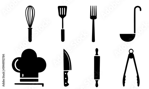 Kitchen tools and chef hat silhouette icon set