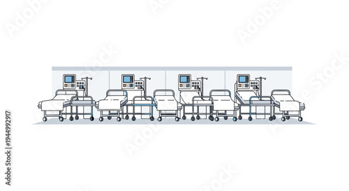 A long line of six empty hospital beds with attached medical ventilators and IV poles is arranged against a light gray wall.