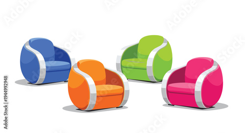 Four modern armchairs in blue, orange, green, and pink with silver accents are positioned on a clean white surface with subtle shadows.
