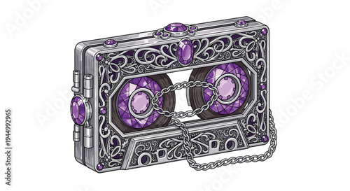 An intricately designed ornate clutch bag shaped like a vintage cassette tape is adorned with numerous purple jewels and elaborate silver filigree patterns.