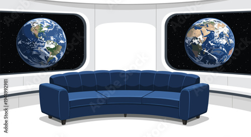 A plush curved dark blue sofa is positioned centrally in a futuristic white room with two large windows displaying detailed views of Earth from outer space.