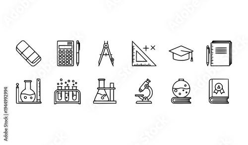 Black outline education and science icons collection with school, math, and laboratory tools isolated on transparent background