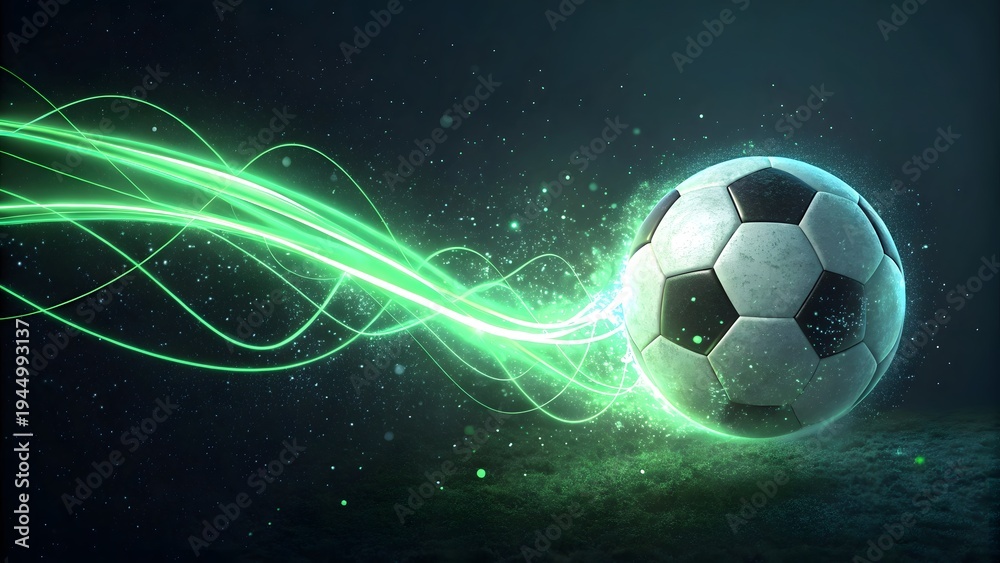 Fototapeta premium Soccer ball with glowing green energy trails, abstract dynamic sports background
