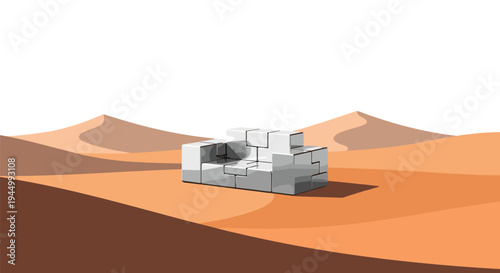 A geometrically segmented light gray sofa is positioned centrally on a flat, sandy desert landscape under a vast, bright white sky.