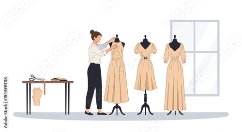 A female tailor meticulously adjusts a light beige dress on a central mannequin in a brightly lit room with two other dress forms and a sewing table.
