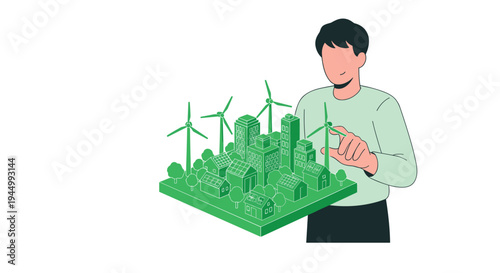 A man in a light green shirt holds a miniature isometric green city model featuring buildings, trees, and wind turbines on a white background.