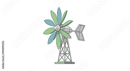 A modern wind turbine with six light green and blue blades stands on a grey lattice tower with a dark grey base against a white background.