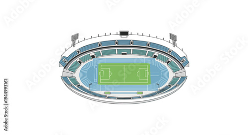 A large oval sports stadium with a green football field and blue running tracks is surrounded by tiered seating from an aerial perspective on a white background.