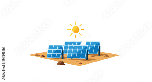 Four blue solar panels are arranged on a brown patch of ground with a bright yellow sun shining directly above them on a white background.