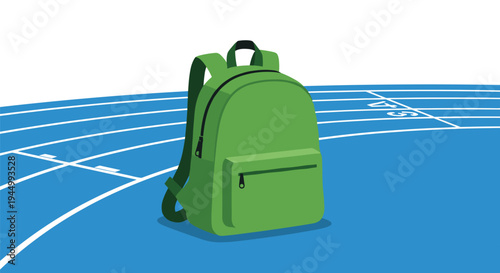 A vibrant green backpack with black zippers and straps rests on a blue running track with white lane markings and numbers.