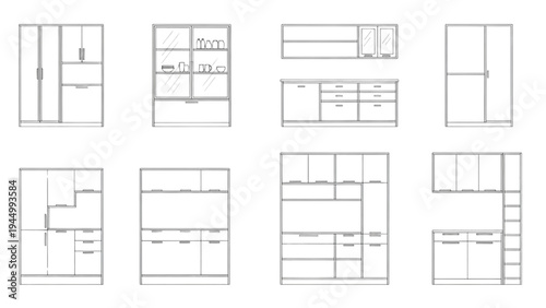 Wardrobe Closet Storage Elevation Symbols Set, Cabinet Organizer CAD Line Drawing Vector
