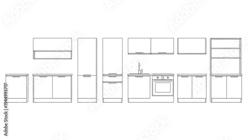Modern Kitchen Cabinet Design Layout, White Interior, Front View, Illustration