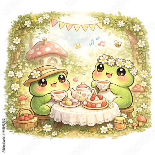 chibi frogs, frog tea party, cute frogs, kawaii frogs, tea party, afternoon tea, teacups, teapot, cute animals, frog characters, adorable, cheerful, joyful, playful, friendship, cozy, whimsical, fanta