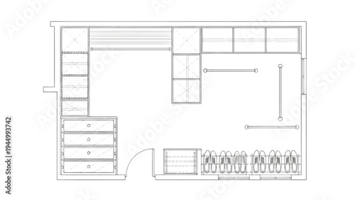 Walk In Closet Wardrobe Floor Plan, Dressing Room Storage Layout CAD Line Drawing Vector
