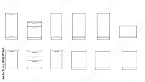 Kitchen Cabinet Design Layout, Multiple Views, Technical Illustration, Minimalist Style