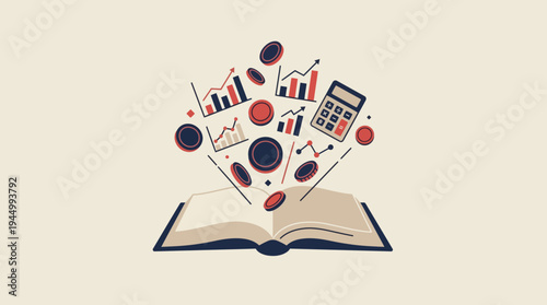 Open book with financial charts, coins, and calculator symbolizing financial literacy, business growth, and investment education
