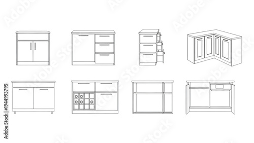 Technical Drawings of Modular Kitchen Cabinets, Design Blueprints, Architecture Drafts
