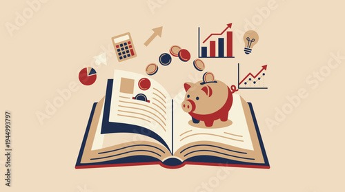 Comprehensive financial education through learning resources, illustrating concepts of saving, investment, and economic growth with a piggy bank and charts