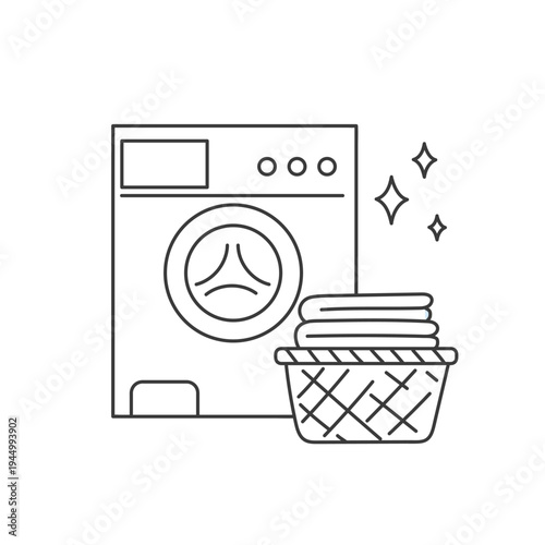 Washing machine and a stack of clean laundry in a basket. Simple hand-drawn vector illustration