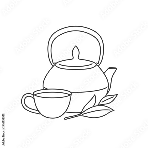 A teapot, cup, and tea leaves. Simple vector illustration in a cartoon line style.
