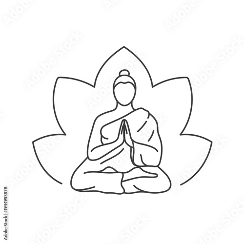 A monk sits in the lotus position. Mental healing. Simple vector illustration in a cartoon linear style.