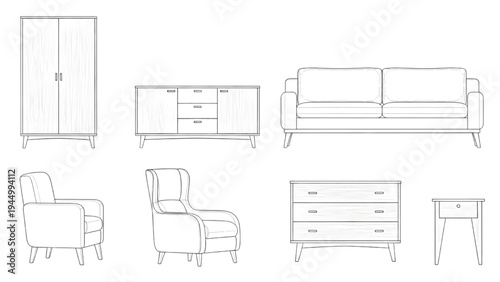 Modern Living Room Furniture Set Line Art, Interior Design, Minimalist Style
