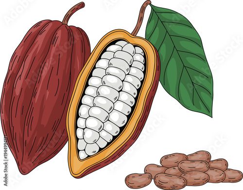Hand drawn cacao pod with beans and leaf botanical cocoa fruit illustration for chocolate ingredient concept