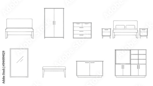 Bedroom Furniture Elevation Symbols Set, Bed Wardrobe Cabinet CAD Line Drawing Collection Vector