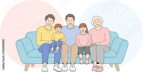 Happy multi generation family sitting together on sofa parents children and grandmother bonding at home illustrationHappy multi generation family sitting together on sofa parents children 