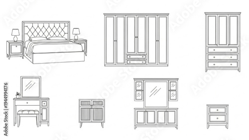 Modern Bedroom Furniture Set Illustration, Wardrobes, Bed, and Vanity Design Overview