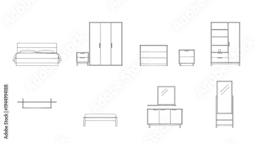 Furniture Icons Set, Various Bedroom Pieces, Minimalist Line Art, White Background
