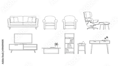Living Room Furniture Elevation Symbols Set, Sofa Chair TV Stand CAD Line Drawing Collection
