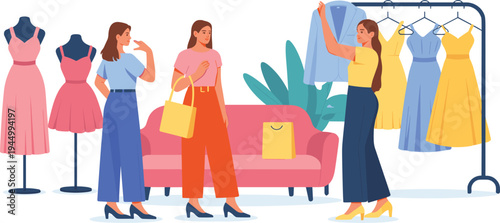 Women friends choosing dresses and jacket while shopping in modern fashion boutique with mannequins and clothing rack