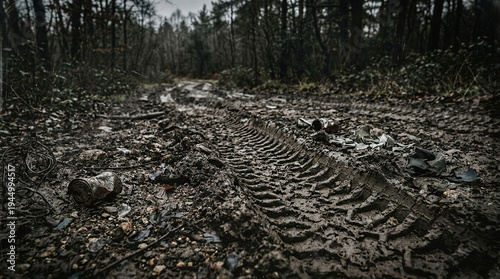 Exploring muddy tire tracks in a forested area nature photography outdoor environment low angle view