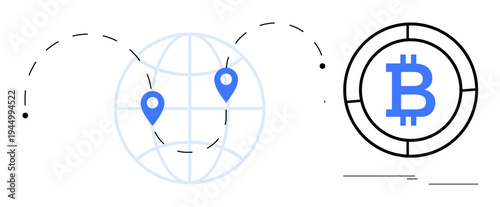 Globe with blue location markers, dashed transaction arrows, and Bitcoin insignia depicting global digital currency exchange. Ideal for blockchain, fintech, global economy, decentralized finance