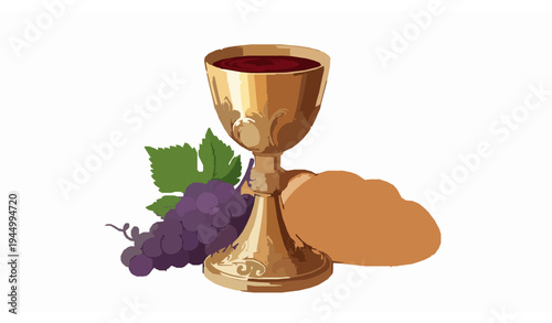 Golden chalice with wine bread and purple grapes vector illustration for Corpus Christi Eucharist Christian communion