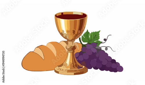 Christian Eucharist symbols golden chalice bread and grapes vector illustration isolated on white background