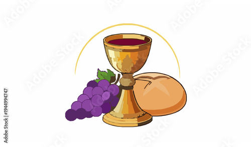 Corpus Christi Christian communion illustration with golden chalice wine bread and grapes vector design