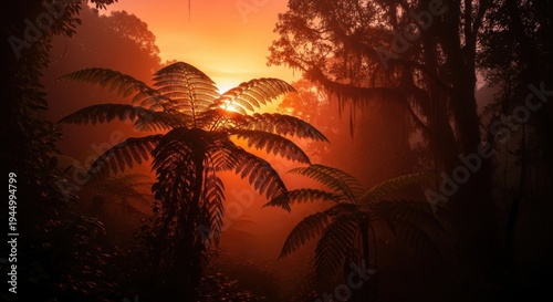 A serene tropical forest at sunset with palm trees silhouetted against a vibrant orange sky