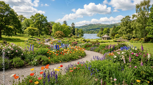 Strolling through a colorful flower garden by the serene lake nature photography scenic landscape outdoor beauty
