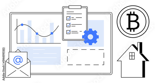 Financial analysis, cryptocurrency, real estate, email communication, task management, digital tools. Graphs, Bitcoin icon house graphic clipboard email symbol and gear. Financial analysis