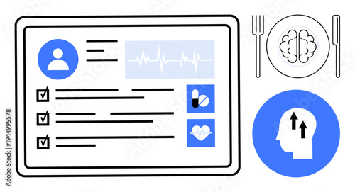 Health management. Health monitoring with digital tools vitals, mental wellness, and nutrition. Health integrates medical data and lifestyle for better outcomes. For healthcare, technology, wellbeing