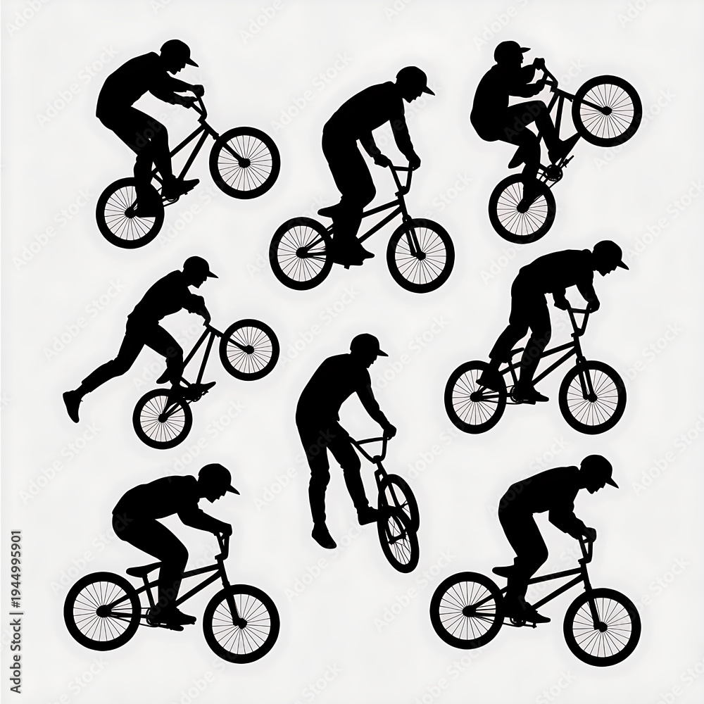 Naklejka premium Dynamic BMX Stunt Silhouettes in Urban Extreme Sports Action Photography
