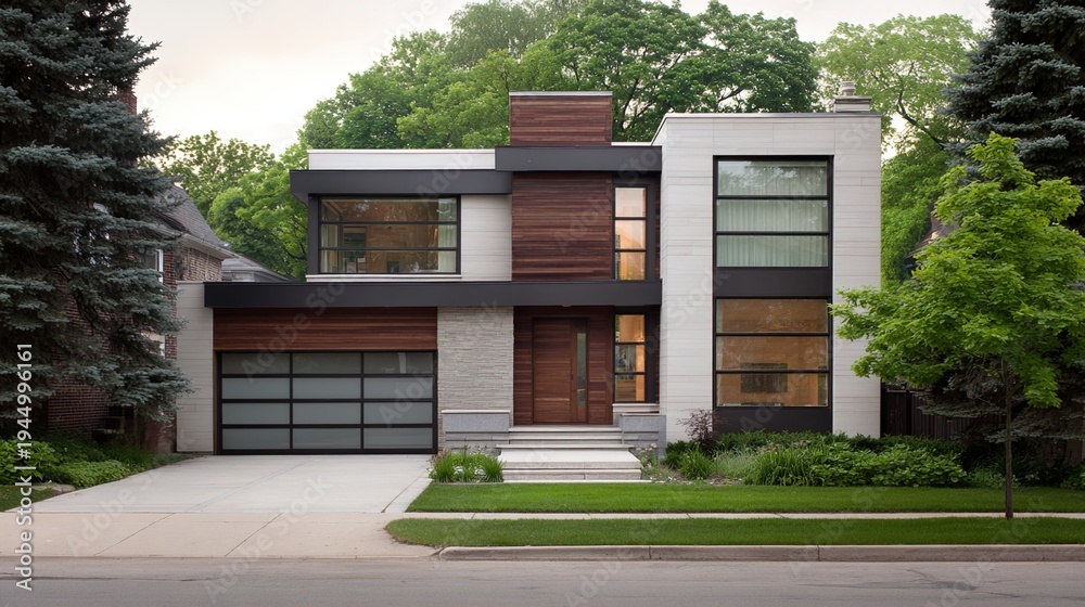 Fototapeta premium frontyard. Modern suburban home with clean lines and neutral tones under natural daylight. real-estate listings, architecture portfolios, designed for interior renovation comparisons for interiors.