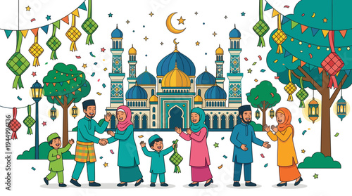Joyful Eid celebration vector illustration with Muslim families exchanging greetings in front of a majestic mosque, surrounded by festive decorations and a vibrant atmosphere