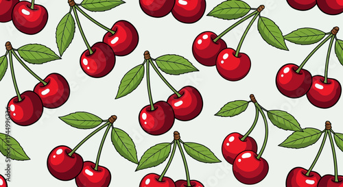 Red Cherries with Green Leaves Cluster.